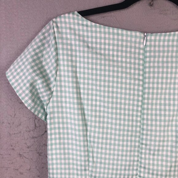 Shabby Apple Dress Womens 12 Green Gingham Fit Flare Short Sleeve Midi Modest - Picture 4 of 7